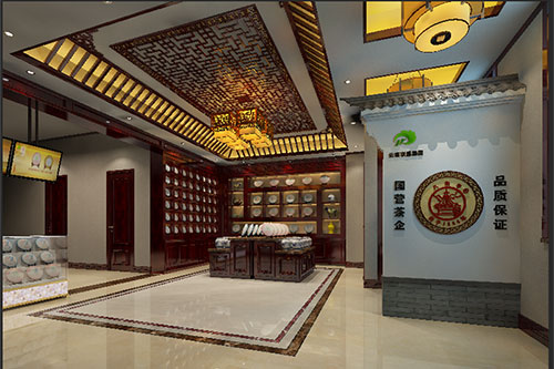 西塞山古朴典雅的中式茶叶店大堂设计效果图