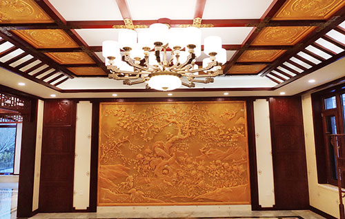 西塞山中式别墅客厅中式木作横梁吊顶装饰展示